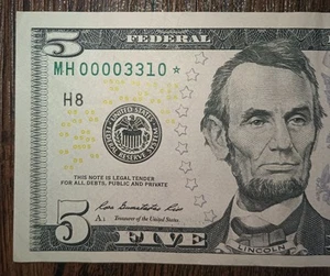 2013 SERIES $5 FEDERAL RESERVE ⭐ NOTE VERY LOW FANCY SERIAL NUMBER STAR NOTE - Picture 1 of 9