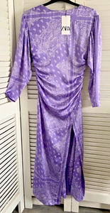 ZARA UK Medium BNWT Beautiful Lilac Slinky Ruched Deep Leg Split Maxi Dress £50 - Picture 1 of 11