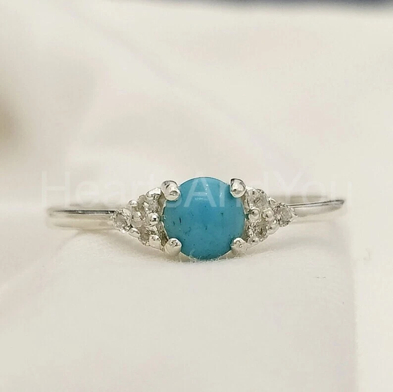 1ct Round Cut Natural Turquoise & Diamond 14k SOLID White Gold Engagement Ring - Image 1 of 4