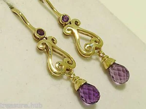 E056 - Genuine 9ct SOLID Gold NATURAL Amethyst Briolette DROP Earrings Dangle - Picture 1 of 4