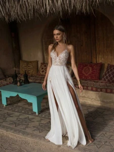 Spaghetti Straps Lace Chiffon Beach Wedding Dress Split White/Ivory Bridal Gown - Picture 1 of 3