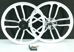 PAIR 26 inch MAGNESIUM WHEELS 8 speed SHIMANO BLACK WHITE 10 BLADE FRONT REAR - Picture 1 of 60