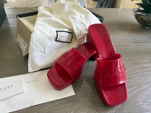 GUCCI RUBBER LOGO PLATFORM SLIDE SANDAL WOMEN'S HIBISCUS (RED) SIZE 9 US/ 39 EUR - Picture 1 of 5