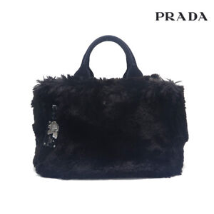 PRADA fur suede tote Handbag black  P15665
