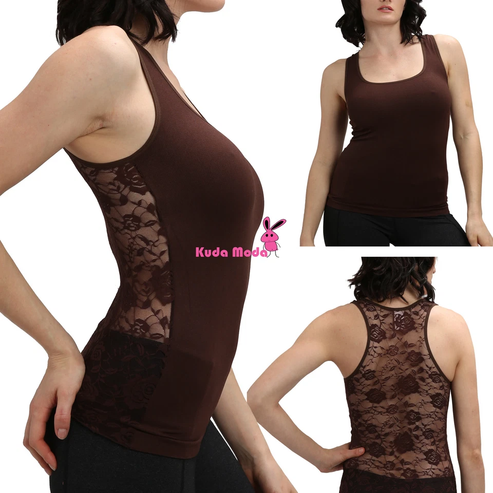 Hot Racer Back Tank Top w/Back Rose Floral Lace Cami Shirt Slimming Mesh T-Shirt - Image 1 of 1