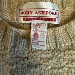 80er John Ashford Handstrick 100% Wolle Pullover Herren L Beige Zopfmuster Fischer - Bild 1 von 6