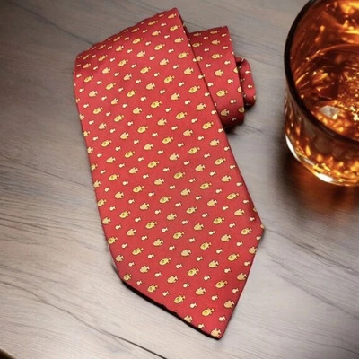 Мужской галстук ручной работы Genesis шелковый красный с желтой рыбой сделано в США - Изображение 1 из 4