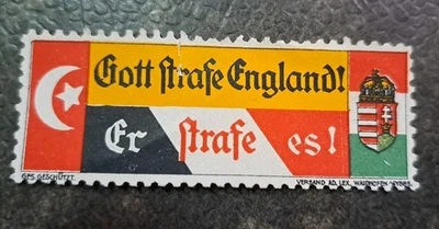 GERMANY    "GOTT STRAFE ENGLAND - ER STRAFE UNS"  /  WWI PROPAGANDA LABEL   /  d - Image 1 of 2