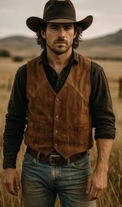 Vintage Pioneer Wear Vest Mens 46 Suede Leather Western Outdoor Button Cowboy - Picture 1 of 10