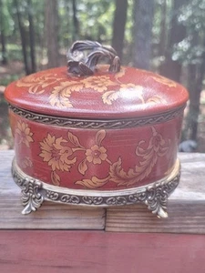 Med. Asian Style Red & Gold Oval Ceramic Box W/lid, Brass Feet & Handle READ - Picture 1 of 12