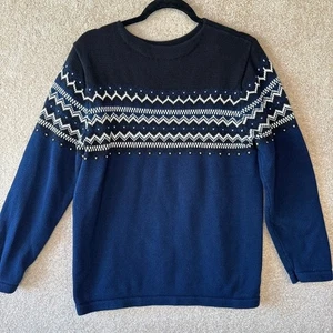 Vintage LL BEAN Fair Isle Sweater Womens Size Medium Blue Crewneck Cotton Ski - Picture 1 of 6