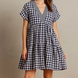Neu mit Etikett Anthropologie 11 1 TYLHO marineblau kariertes A-Linien-Kleid mit Gingham-Karo Cottagecore XS - Bild 1 von 8