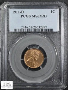 1911 D RED Lincoln Wheat Copper Cent 1C PCGS MS 63 RD - Picture 1 of 5