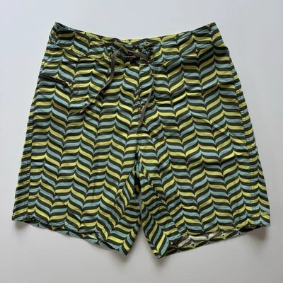 PATAGONIA Wavefarer Board Shorts Mens 33 Blue Yellow Wave 10" Swim Surf Trunks - Image 1 of 4