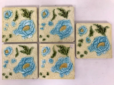Vintage Keramikfliesen 5er Set blau Blumen Design 15 cm x 15 cm - Bild 1 von 4