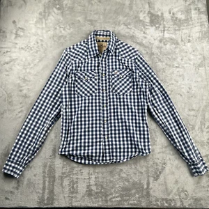 Hollister Men Gingham Blue Navy Pearl Snap Button Shirt L Long Sleeves Western - Foto 1 di 10