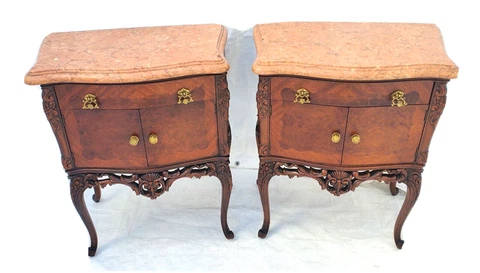 Pair Vintage Italian Burl Walnut Marble Top Carved Nightstands End Tables 1910s Cover