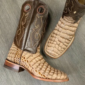 MEN'S RODEO COWBOY BOOTS COCO ALLIGATOR PRINT WESTERN SQUARE TOE BOOTS TAN COLOR - Picture 1 of 12