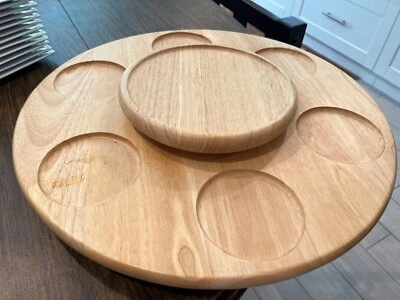 Large 18 w Lazy Susan wood, w/ 6 slots for bowls, reversible, Thailand - Image 1 of 4