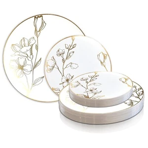 Antique Floral Round Disposable Plastic Plates Wedding Party Value Sets 120 PCS - Picture 1 of 13
