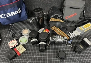 Vintage! Lot! Canon AE-1 35mm SLR Film Camera w Lens Filters Teleplus Adapt Bags - Picture 1 of 19