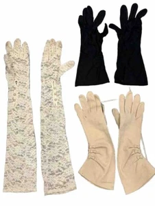 Vintage Women’s Gloves 3 Pairs, Black, Brown and White Lace with Pearl - Picture 1 of 9