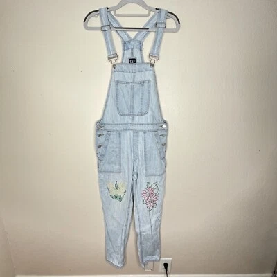 Gap Light Wash Distressed Flower Embroidery Overalls Size XS - Image 1 of 4