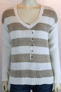 KENSIE Sweater Women's Large Beige Tan Striped Long Sleeve V-Neck Open Knit - Picture 1 of 7