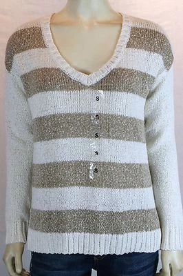 Suéter para mujer KENSIE grande beige tostado rayas manga larga cuello en V tejido abierto Foto 1 de 4