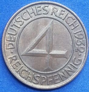 ●《☆♡☆》1932-A, 4 Reichspfennig, Germany (Weimar Republic), Circ. Extremely Fine
