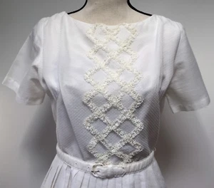 Teena Paige White Dress XS Small Short Sleeve Tea Pleated Belt Wedding Vtg 1950s - Picture 1 of 11