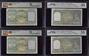 2 X CONSEC BURMA/INDIA, PICK-5, RARE, 1938, GREEN, KGV6, 10 Rupees, PMG 53/53 - Picture 1 of 5