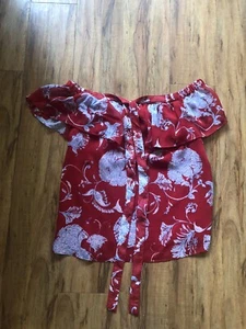 TOMMY HILFIGER Womens Red Tie Neck Floral Short Sleeve Off Shoulder Top Small - Picture 1 of 4