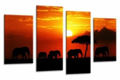 Large Elephant Wall Art Print Orange Gold Sunset Framed Canvas Split Picture - Image 1 of 4