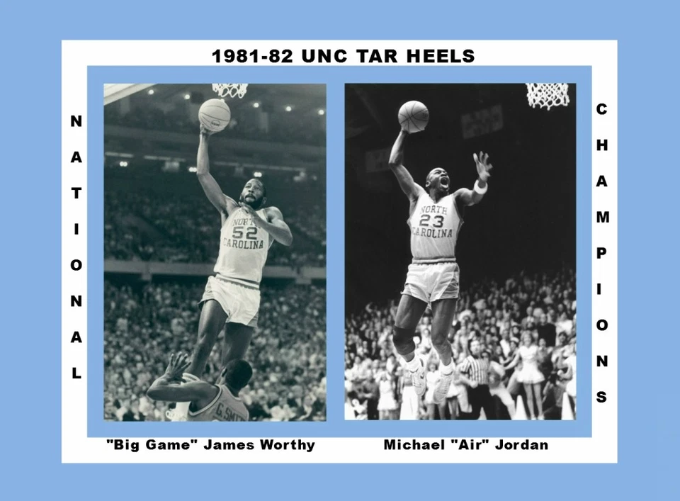 UNC TAR HEELS JORDAN AND WORTHY 1982 SENSATIONAL DUNKS MATTED COLLAGE PHOTO #2 - Image 1 of 1
