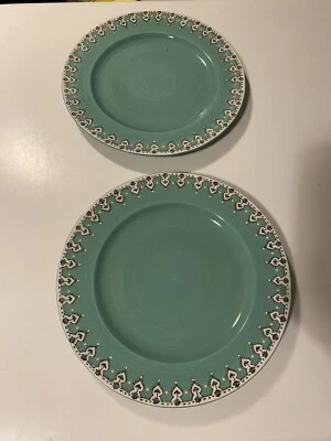 Anthropologie ELKA AYAKA Ceramic 10 1/4" DINNER PLATES Green Mint SET OF 2 - Image 1 of 4
