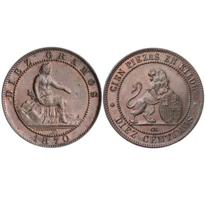 SPAIN, 235-PROVISIONAL GOVERNMENT, 10 CENTIMOS 1870, ALMOST UNCIRCULATED. - Picture 1 of 3