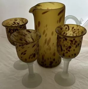 Vintage Handmade Tortoise Shell Frosted Glass Pitcher & 3 Goblet Set - Picture 1 of 24