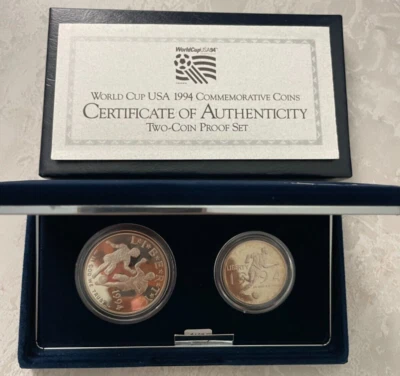 1994 US Mint Proof 2 Coin Set World Cup silver dollar-clad half, US Mint Pkg/COA - Image 1 of 3