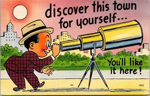 Discover This Town for Yourself You'll Like it Here Humor Linen Postcard - Picture 1 of 2