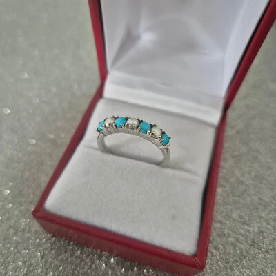 Sleeping Beauty Turquoise & Pearl Half Eternity Ring in platinum over Silver - Image 1 of 4