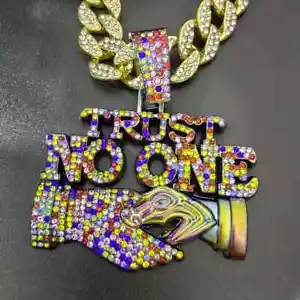 Hip Hop TRUST NO ONE Cubic Zirconia Pendant 18" Iced Cuban Chain Bling Necklace - Picture 1 of 6