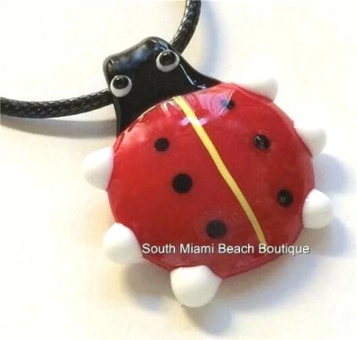 Collar colgante Ladybug de cristal artístico de Murano cordón negro rojo negro dama insecto insecto Foto 1 de 4