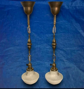 28” Long Pair Brass Antique Pendant Lights Rare Art Deco Shades Rewired 55K - Picture 1 of 6