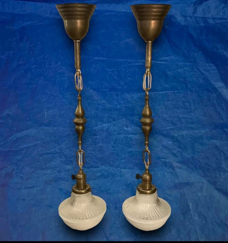 28” Long Pair Brass Antique Pendant Lights Rare Art Deco Shades Rewired 104E Cover