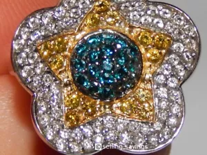 14K WHITE GOLD 1.25tcw BLUE YELLOW WHITE DIAMOND 8/10 INCH FLORAL COCKTAIL RING - Picture 1 of 7