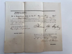 1855 Oath For Justice of the Peace Borough Of Rochester Beaver County - Picture 1 of 4