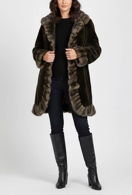 Abrigo de invierno Jones New York para mujer visón esquilado piel sintética manga larga marrón pequeño Foto 1 de 4