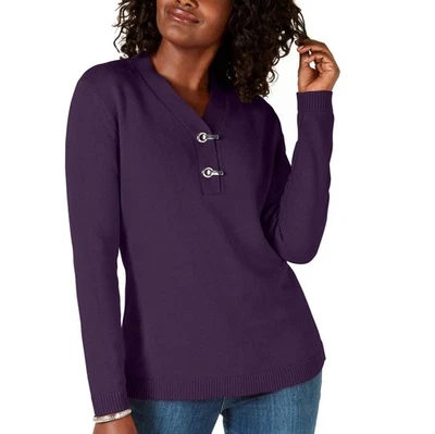 Suéter tejido Henley Karen Scott para mujer L Cassis púrpura herrajes nuevo con etiquetas CT33 Foto 1 de 4