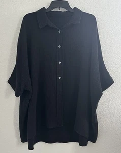 Womens Button Down Shirt 2XL Black Cotton Double Cloth Gauzy Dark Cottagecore - Picture 1 of 10